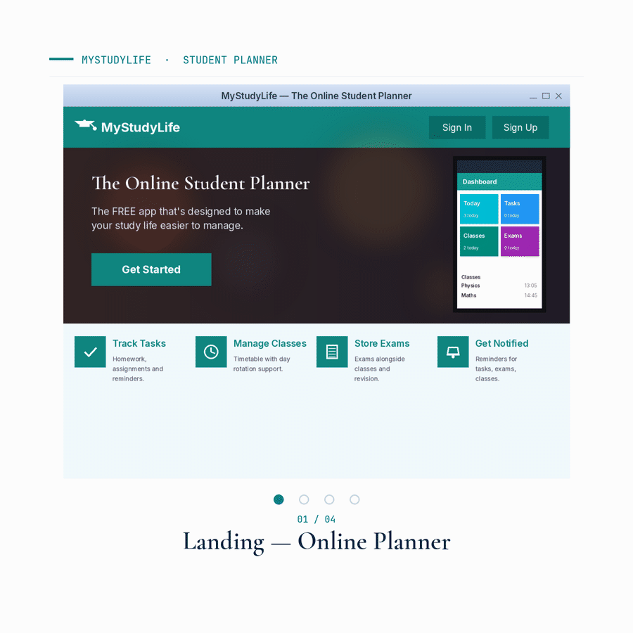 MyStudyLife — animated WPF UI demo cycling through Landing, Sign In, Dashboard tiles, and Tasks view