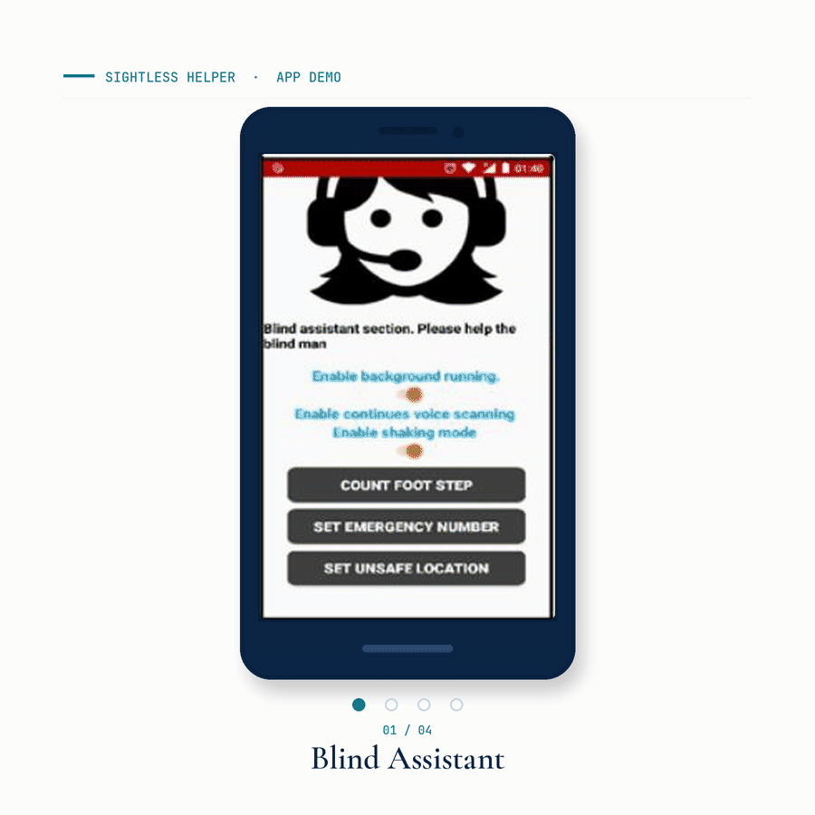 Sightless Helper — Android app demo cycling through Blind Assistant controls, footstep counter, emergency SMS, and unsafe-area map